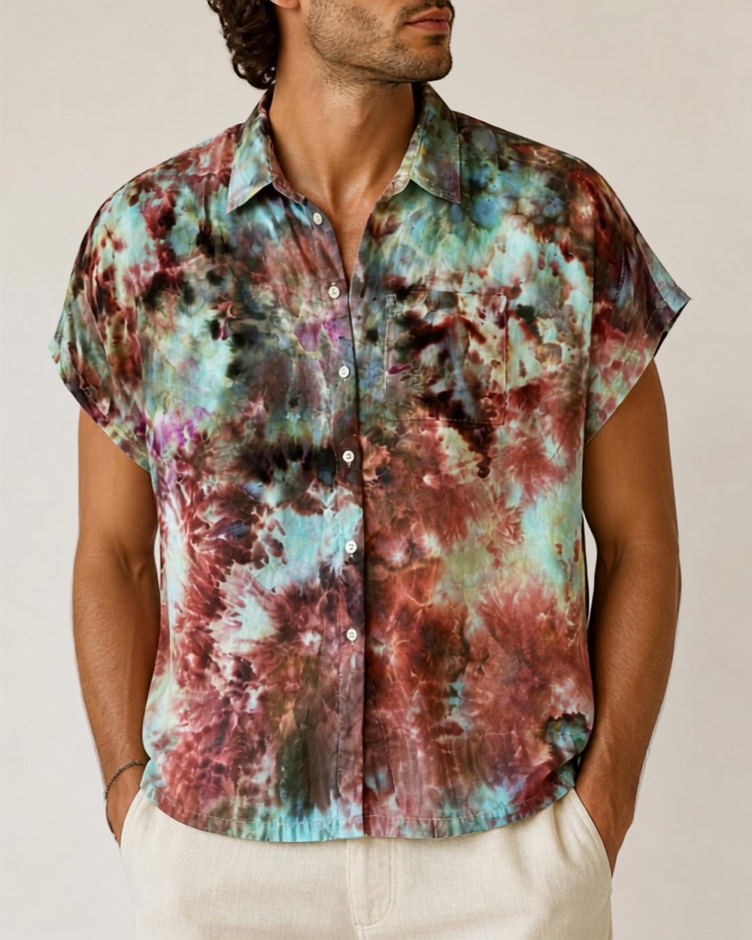 Ice Dyed Linen/rayon front button shirts.