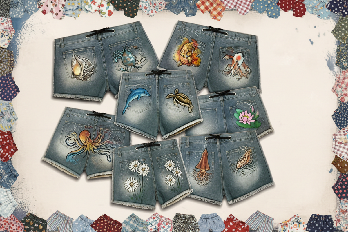 A product display of hand-painted distressed denim shorts with various marine and nature illustrations, under the title 'Hand-Crafted Hand-Painted Jorts'.