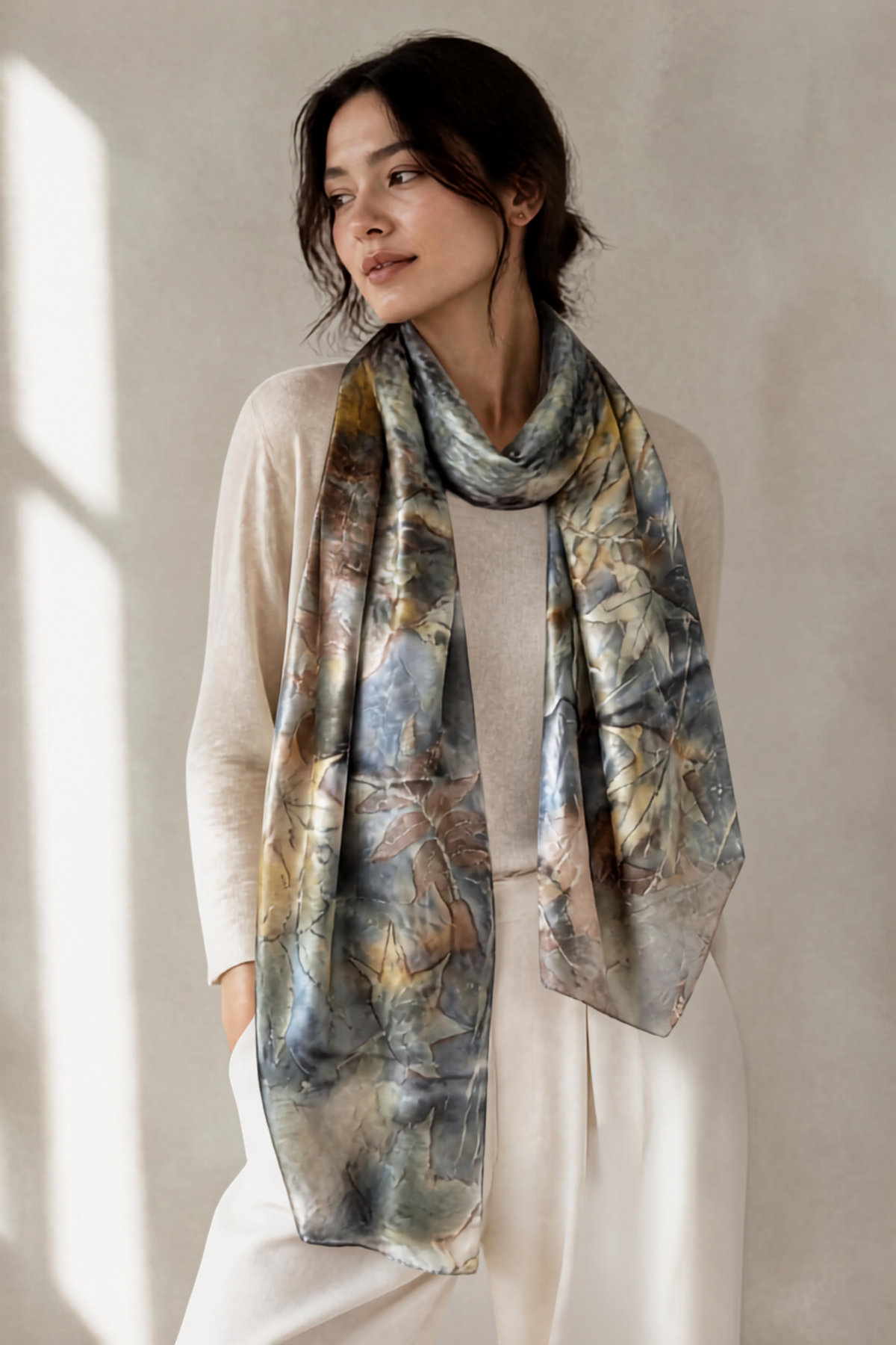 Eco Print Raw Edge Silk Satin